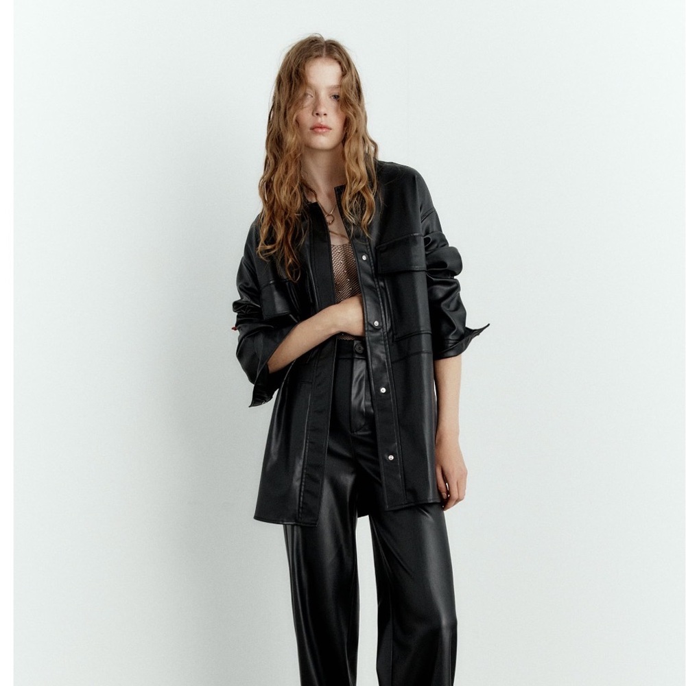 ZARA Black Faux Leather Shirt Jacket